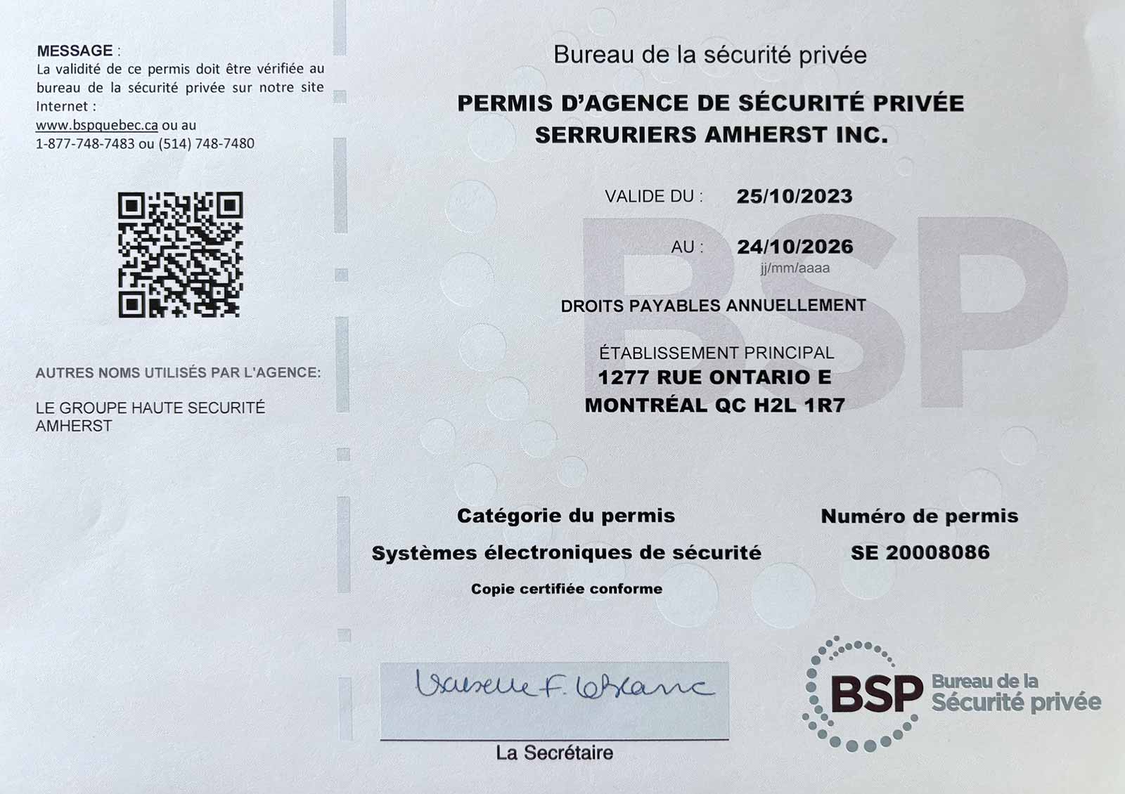 certificat Serruriers Amherst - Systèmes électroniques de sécurité