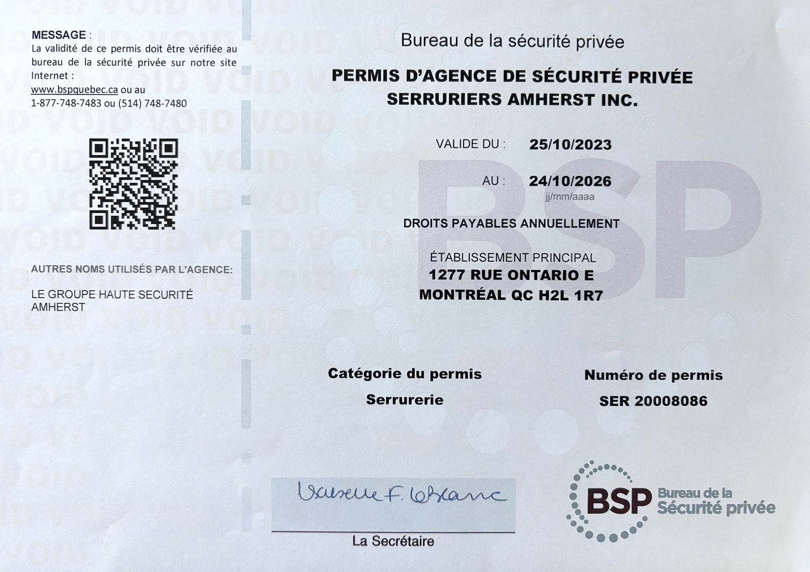 certificat Serruriers Amherst - Serrurier